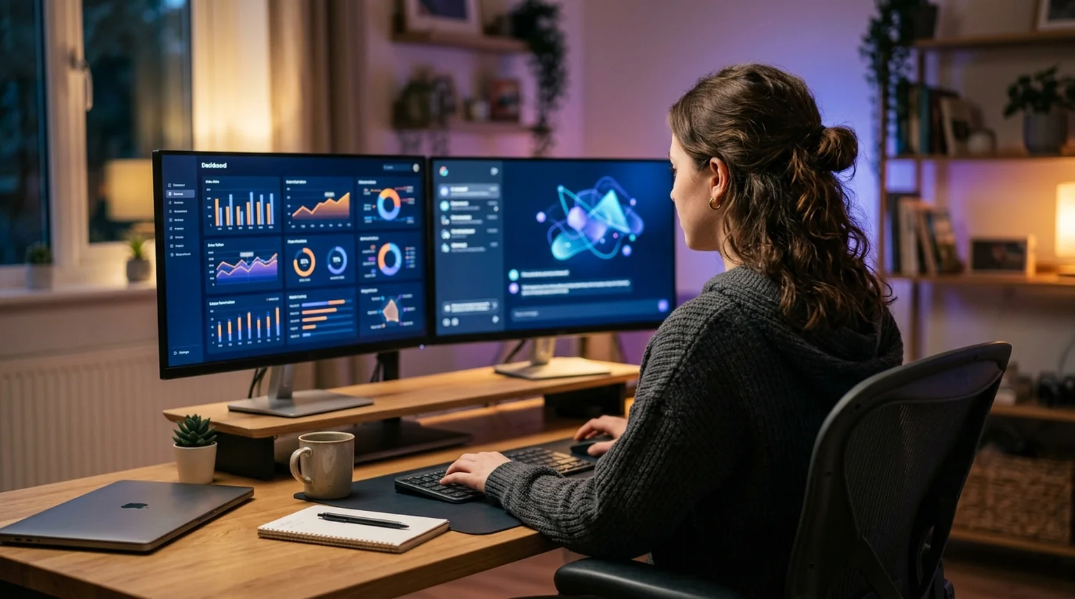 A student studying at a desk with two monitors showing job market data charts and an AI assistant interface