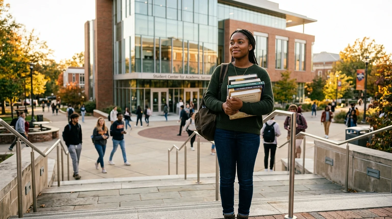 A first-generation college student standing on a university campus holding books, with a thoughtful expression and modern academic buildings in the background