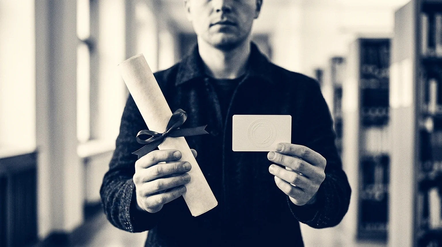 Student at a library table with an open book beside a laptop showing an online certification course