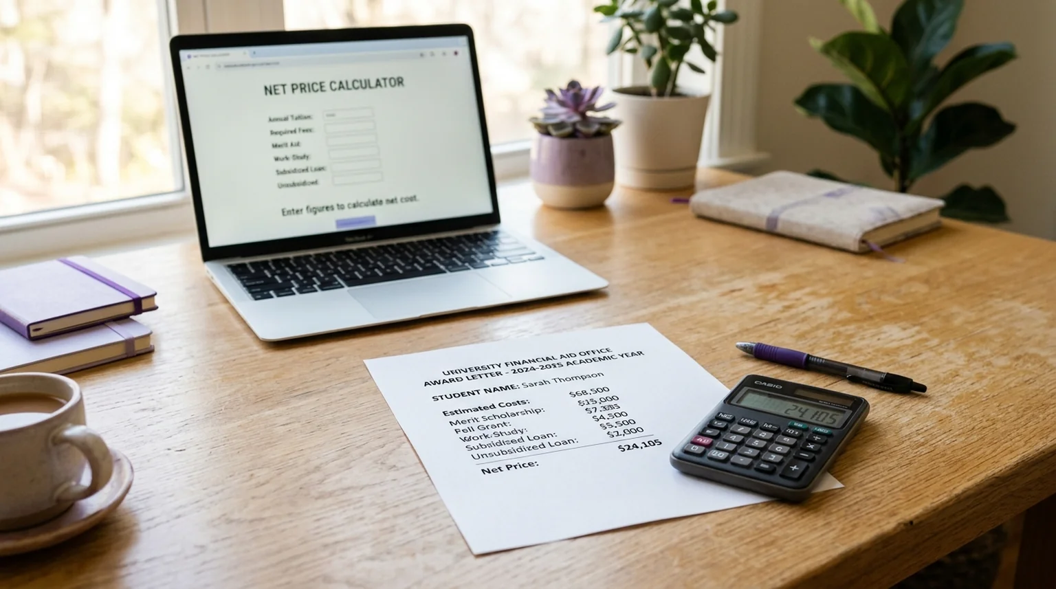 A financial aid award letter spread on a desk next to a calculator and a laptop showing a net price calculator