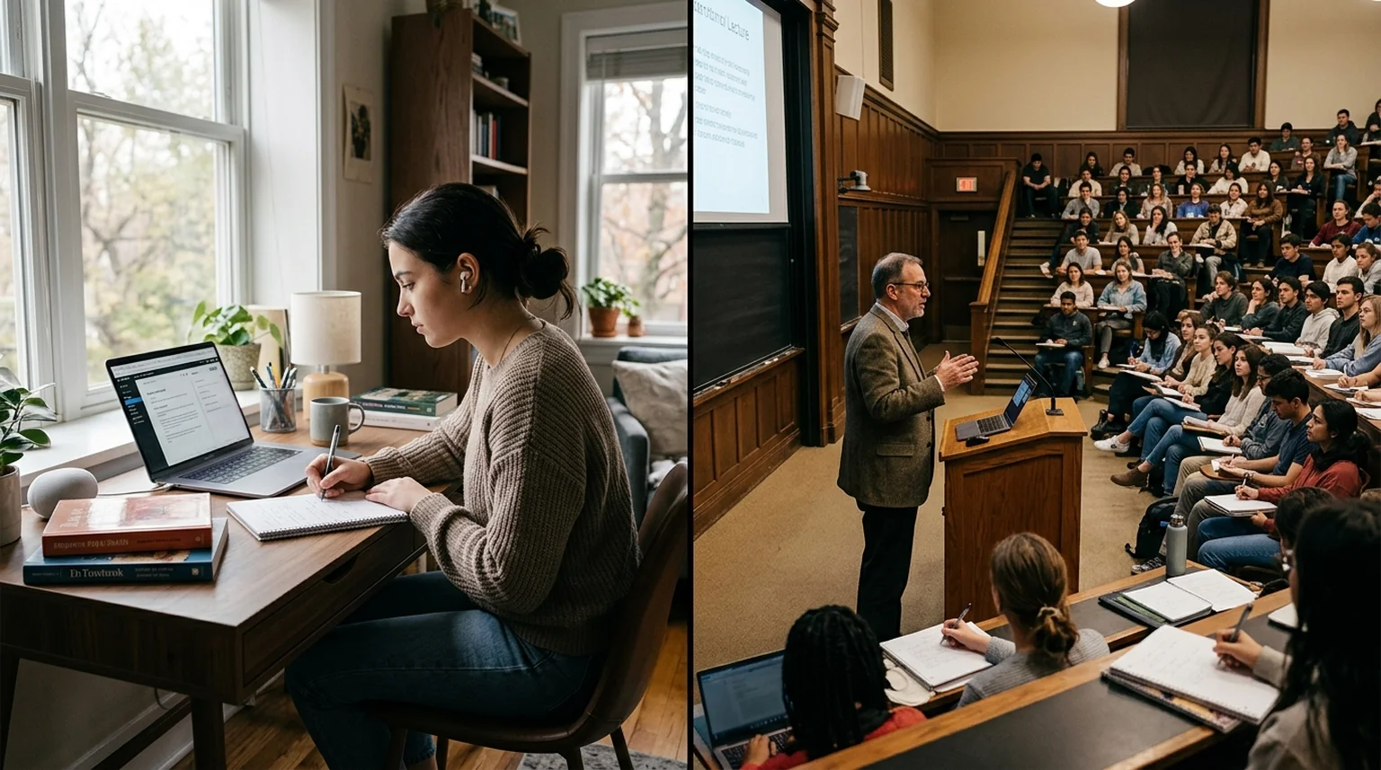 Split-screen image showing a student studying online at a home desk on one side and students in a traditional college lecture hall on the other