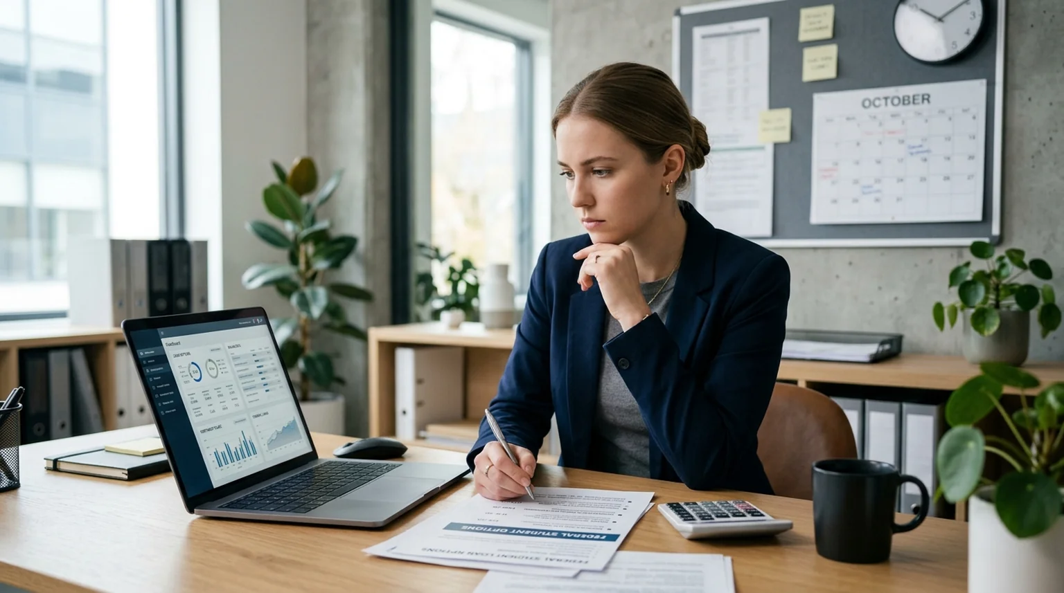 Student reviewing federal student loan repayment options on a laptop with a calendar and calculator nearby